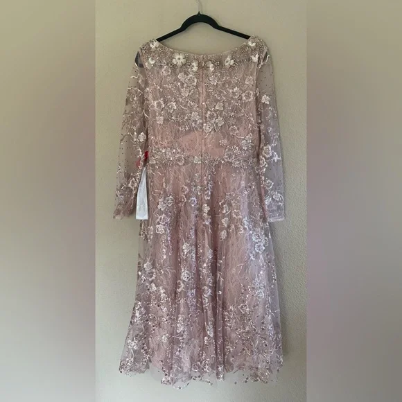 Mac Duggal Size 10 Blush Pink Beaded Floral Lace Midi Dress NWT Formal Cocktail - Picture 3 of 15